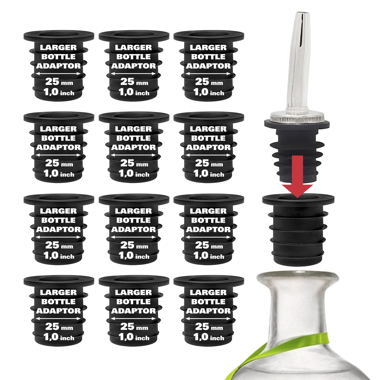 Esatto Liquor Pourer Adapters - 12 Pieces Set, Perfect for Large Olive Oil Bottles and Liquor Bottles - Up to 1 Inch/25mm Neck Converts Any Spout into a Large Pour Spout