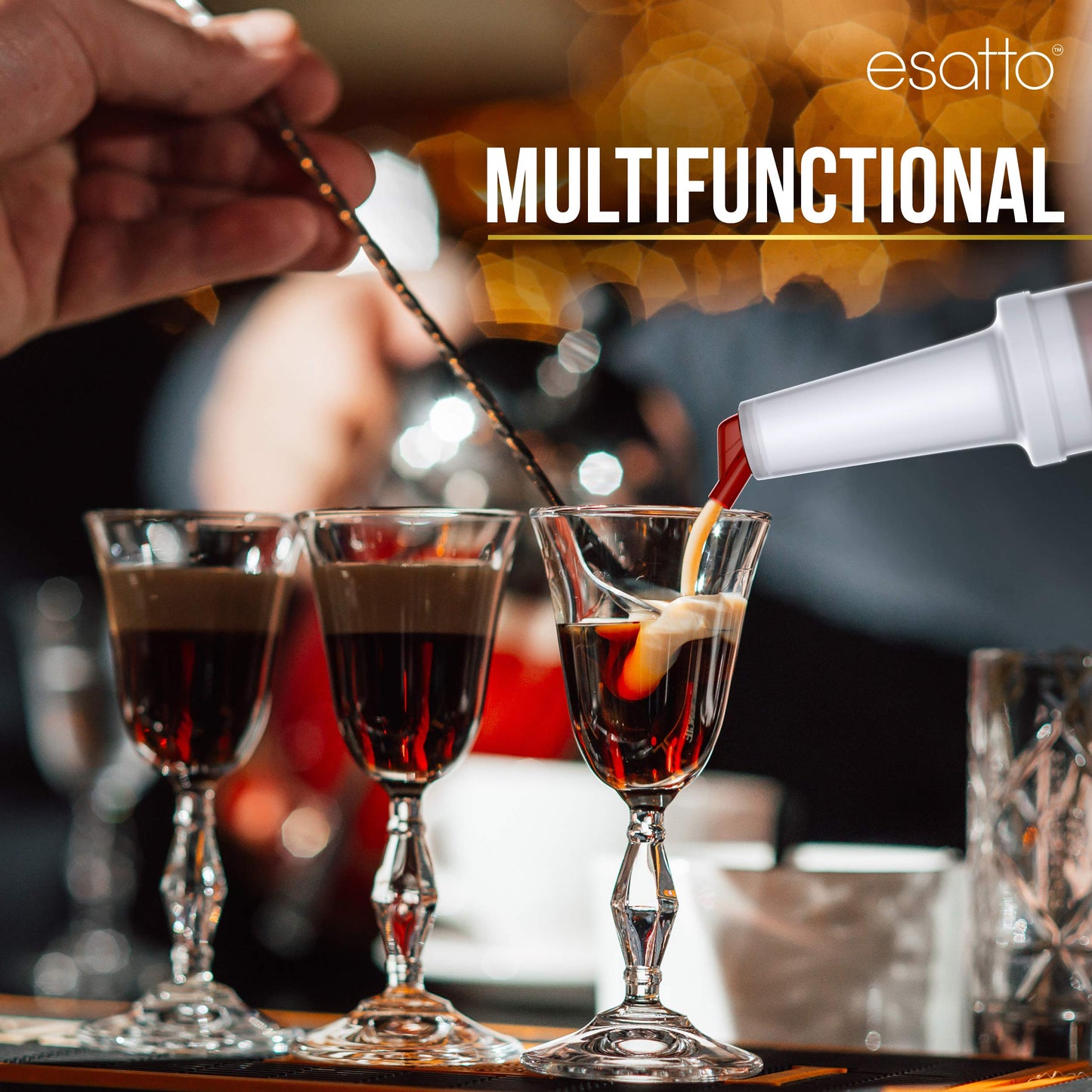 Esatto Bar Equipment Gift Set – 6 Store N Pour Bottles for Storing and Mixing Ingredients, 2 Bar Mats and 2 Shaker Mats for Spill Protection, and 24 Pourers for Precision Pouring with Dust Caps
