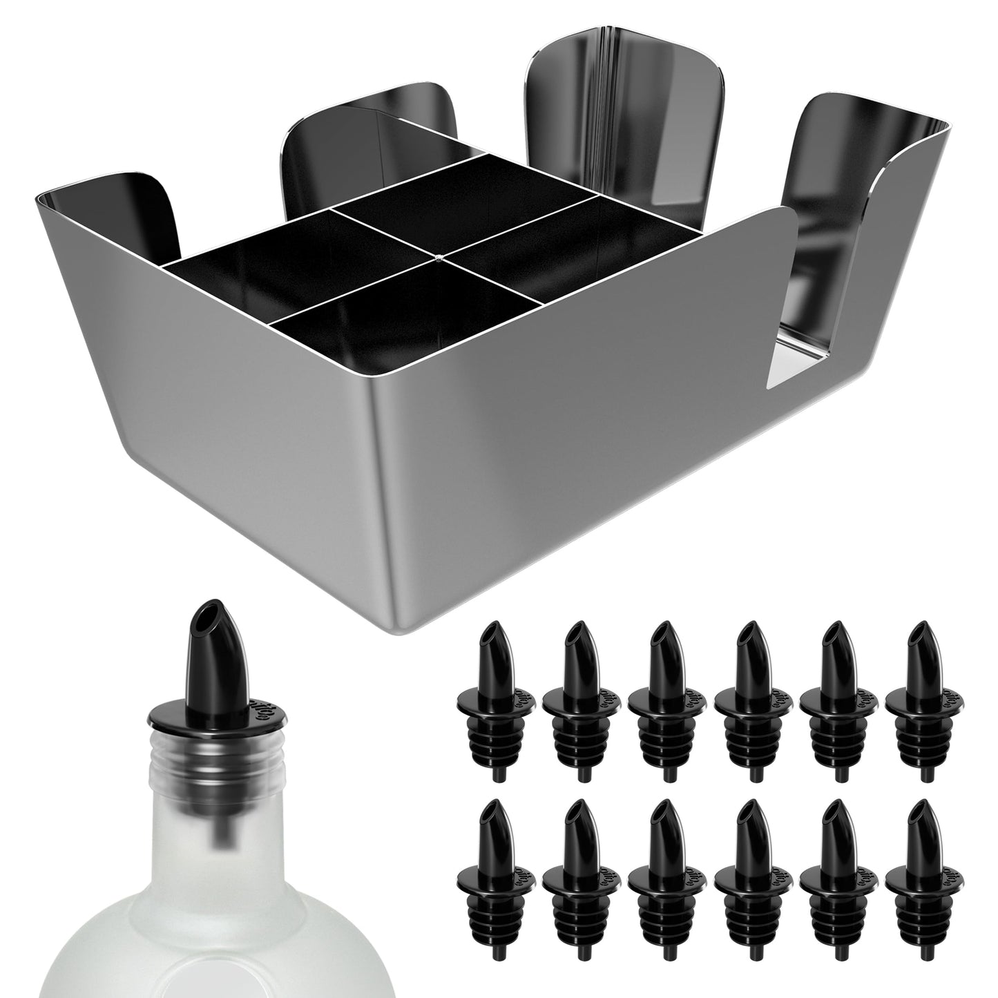 Esatto Bar Caddy, Organize Bar Items, with 12 Plastic Pourers Included