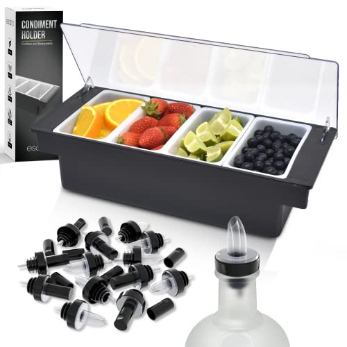 Esatto Bar Products Condiment Holder with Pint Inserts Black, Keeps Fruit and Berries Fresher Longer, Additional 12 Pourers, 12 Pourer Covers, 1 Muddler