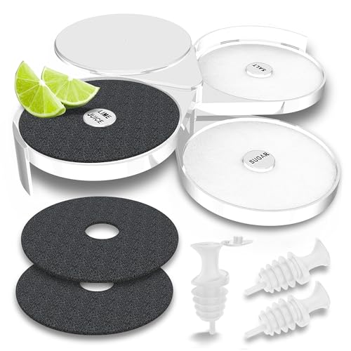 Esatto Glass Salt Rimmer 3 Tier for Margarita Tray and Cocktail, 2 Extra Spongeβs + 3 Pourers β Apply Salt, Sugar, and Lime Juice for Better Drinks and Efficient Drink Preparation