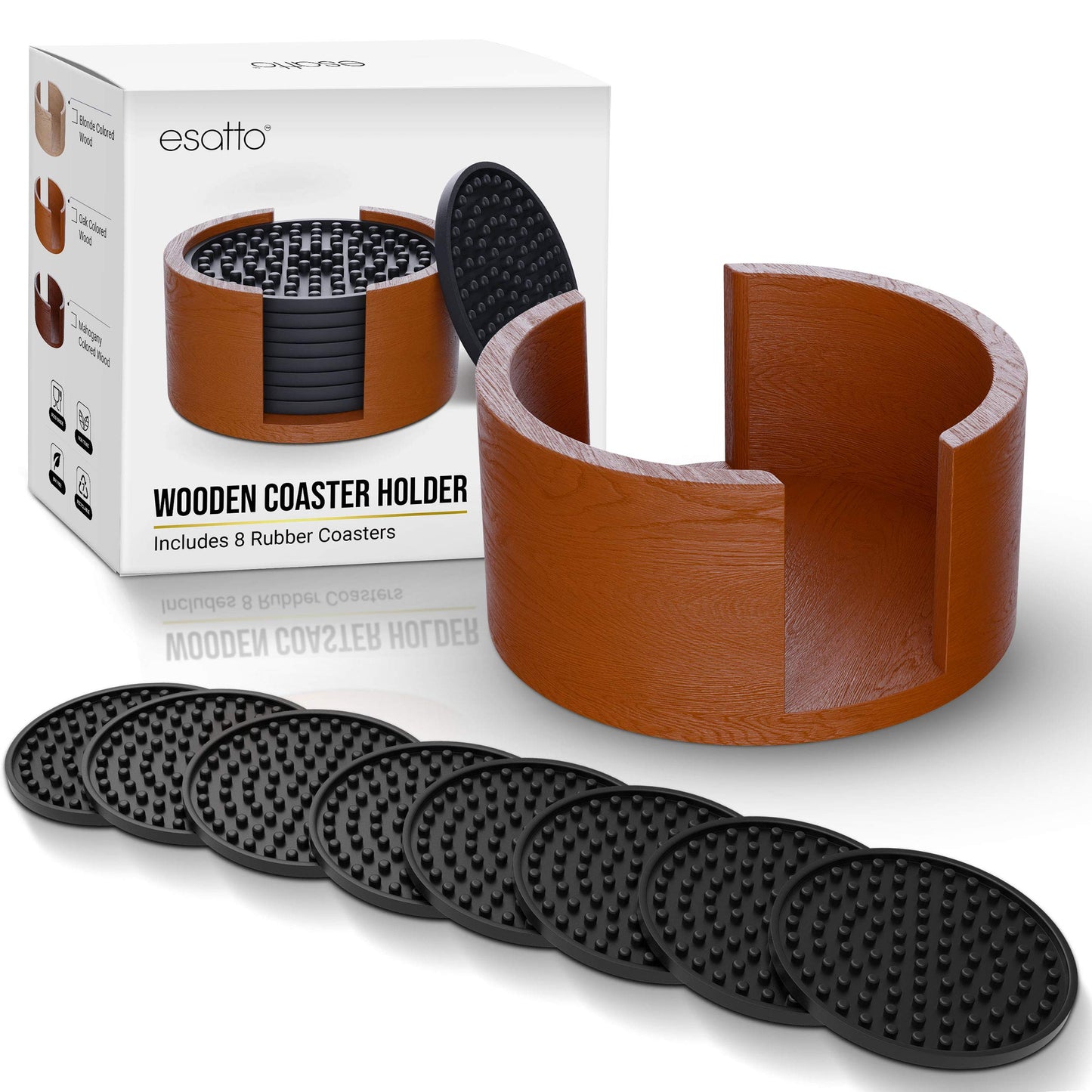 Esatto Round Wooden Rubber Coaster Set with Holder, 4.25 Inches Diameter, Includes 8 Coasters for Drinks