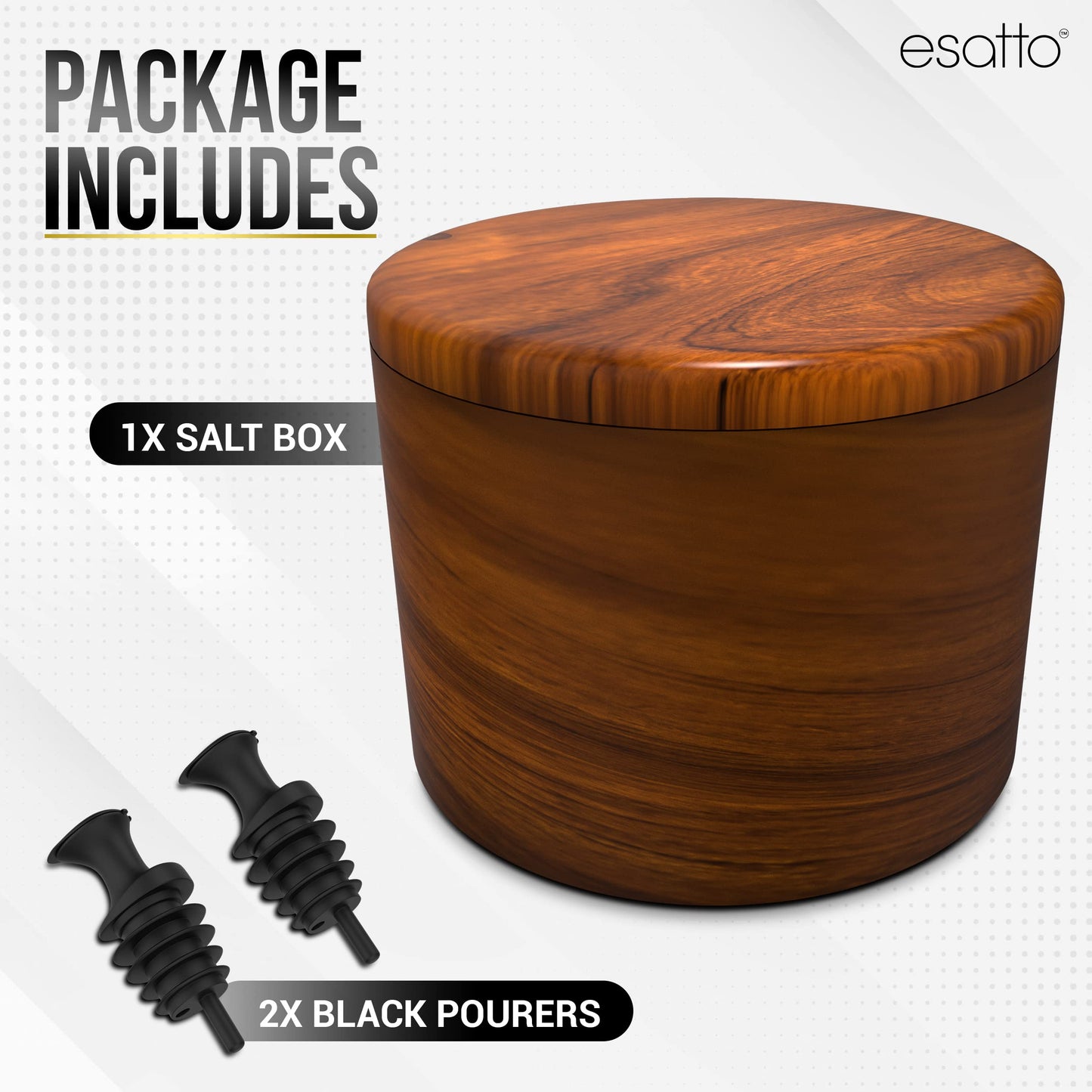 Essato Round Acacia Wooden Salt Box, Magnetic Swivel Lid, Salt pepper or Spice Storage Box, 2 Wine Pourers Included