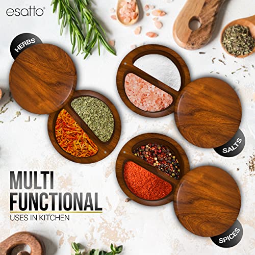 Essato Round Acacia Wooden Salt Box, Magnetic Swivel Lid, Salt pepper or Spice Storage Box, 2 Wine Pourers Included