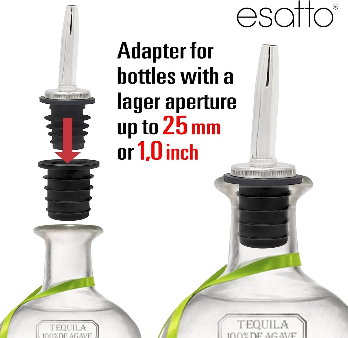 Esatto Liquor Pourer Adapters - 12 Pieces Set, Perfect for Large Olive Oil Bottles and Liquor Bottles - Up to 1 Inch/25mm Neck Converts Any Spout into a Large Pour Spout