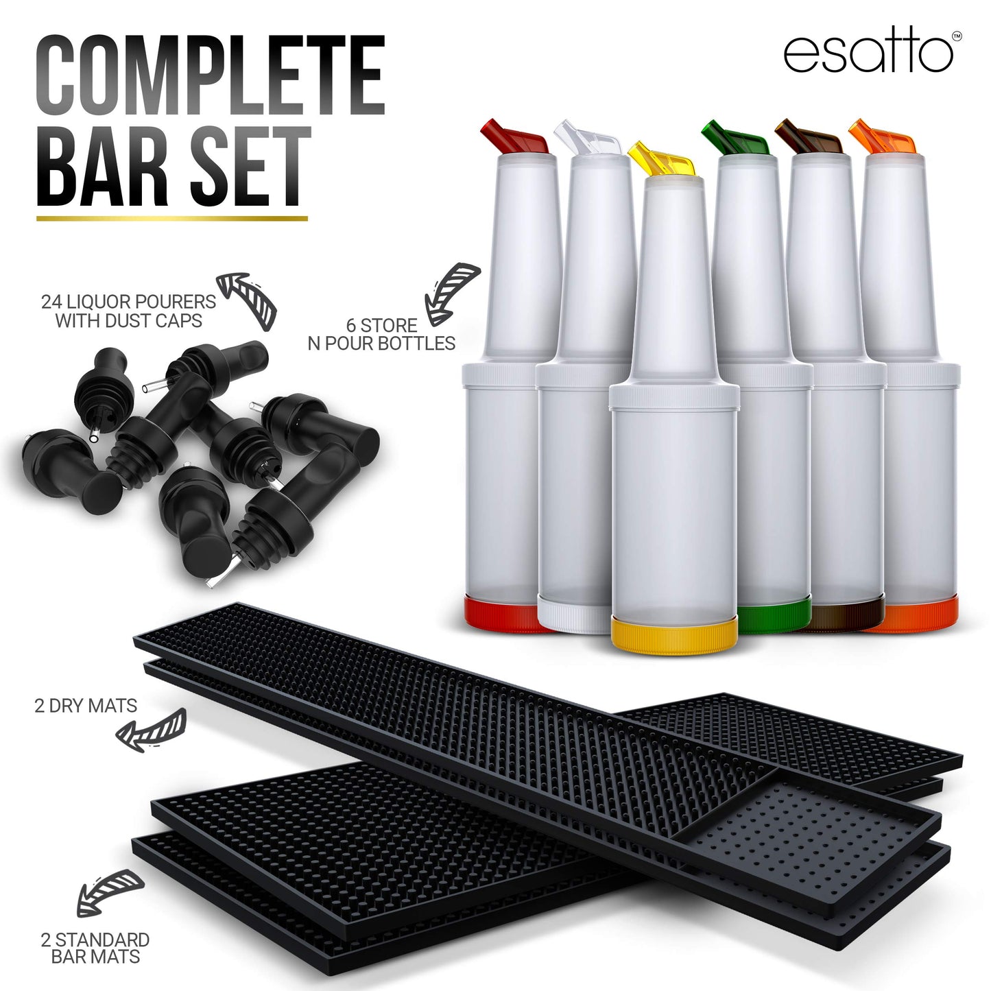 Esatto Bar Equipment Gift Set – 6 Store N Pour Bottles for Storing and Mixing Ingredients, 2 Bar Mats and 2 Shaker Mats for Spill Protection, and 24 Pourers for Precision Pouring with Dust Caps