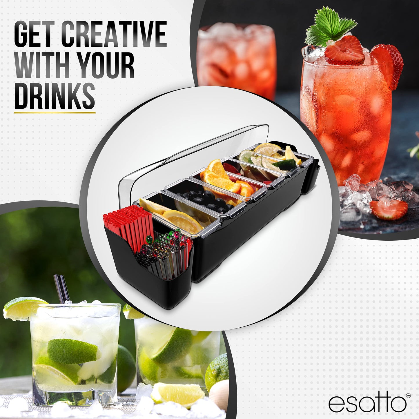 Esatto Bar Products Bar Set with Condiment Holder with 6 Internal Compartments and 2 Detachable External Compartments, 2 Shaker Mats, 1 Muddler, 1 Glass Rimmer and 24 Black Pourers with Covers