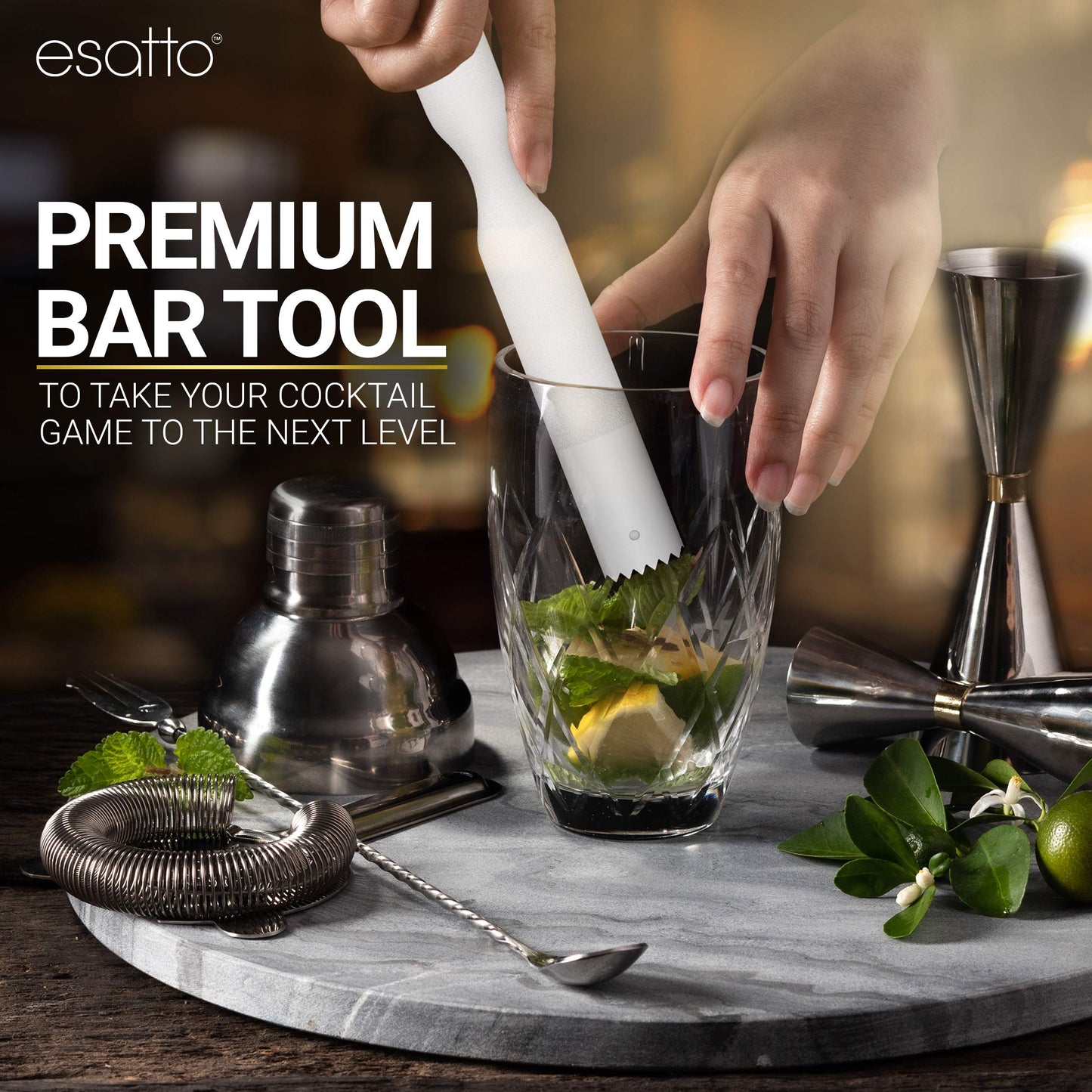 Esatto Muddler 25 CM (10”) Ribbed – ABS, – Durable and Ribbed for Mashing Fruits, Berries, Sugar, Spices, and Herbs (White)