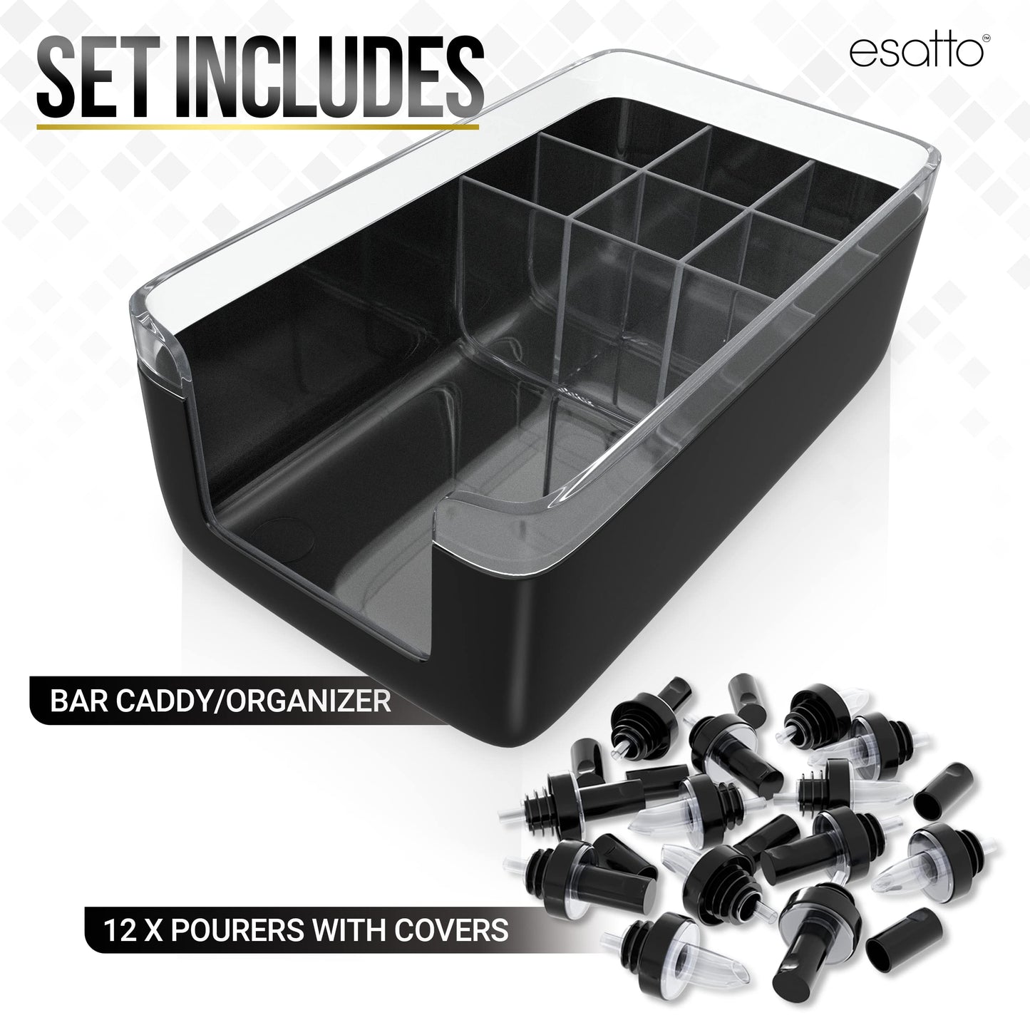 Esatto Bar Products Premium Bar Caddy, with Additional 12 Pourers and 12 Pourer Covers