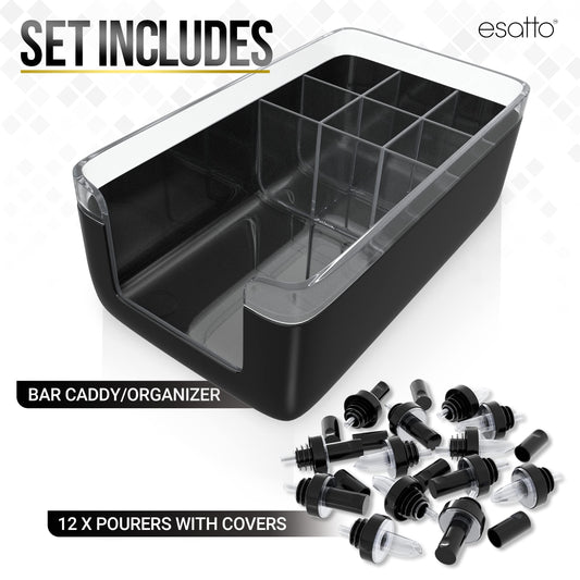 Esatto Bar Products Premium Bar Caddy, with Additional 12 Pourers and 12 Pourer Covers