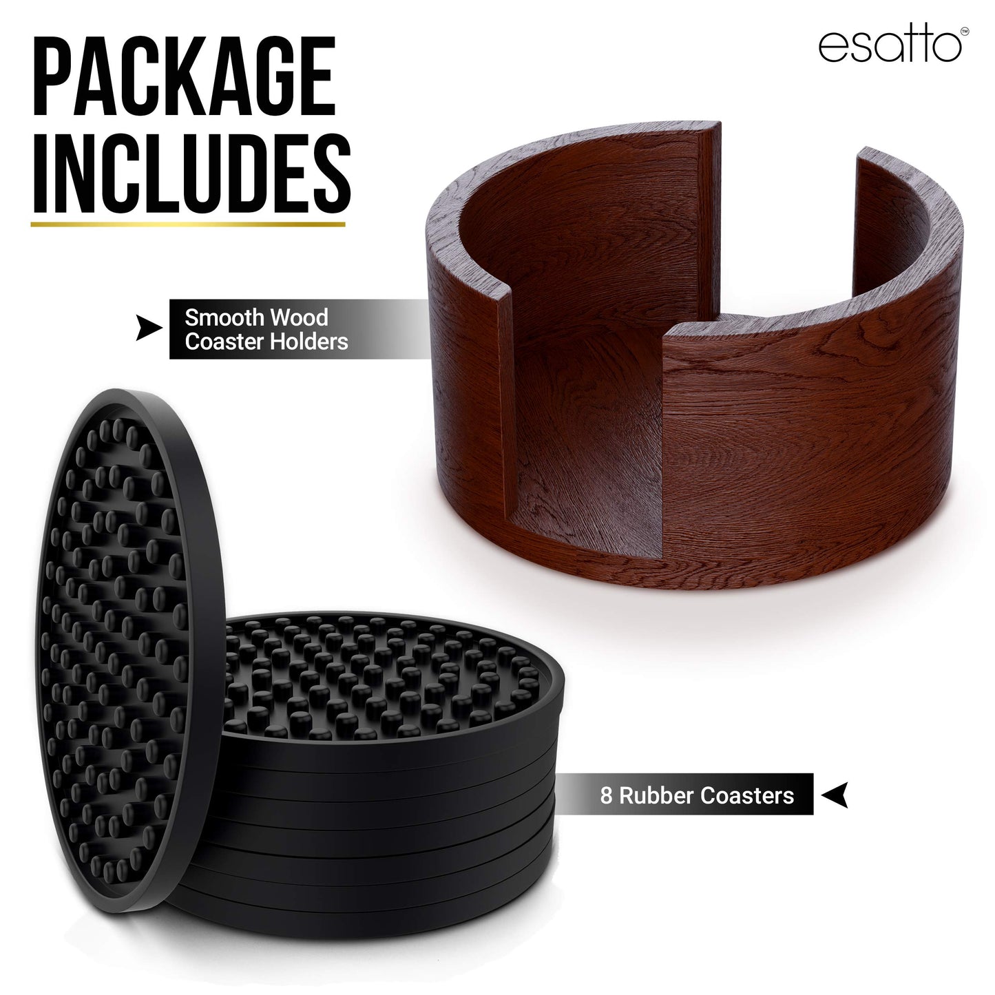 Esatto Round Wooden Rubber Coaster Set with Holder, 4.25 Inches Diameter, Includes 8 Coasters for Drinks