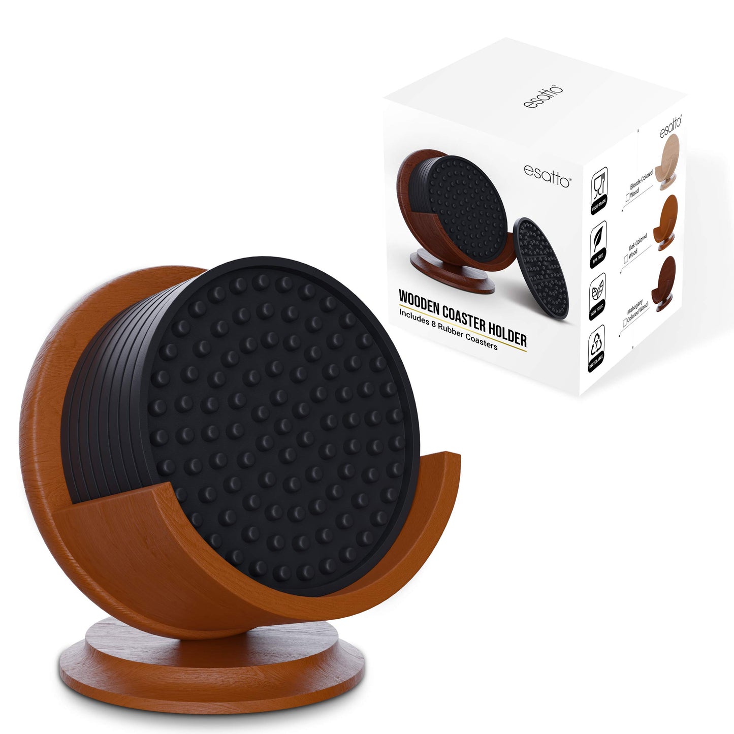 Esatto Round Wooden Rubber Coaster Set with Holder, 4.25 Inches Diameter, Includes 8 Coasters for Drinks