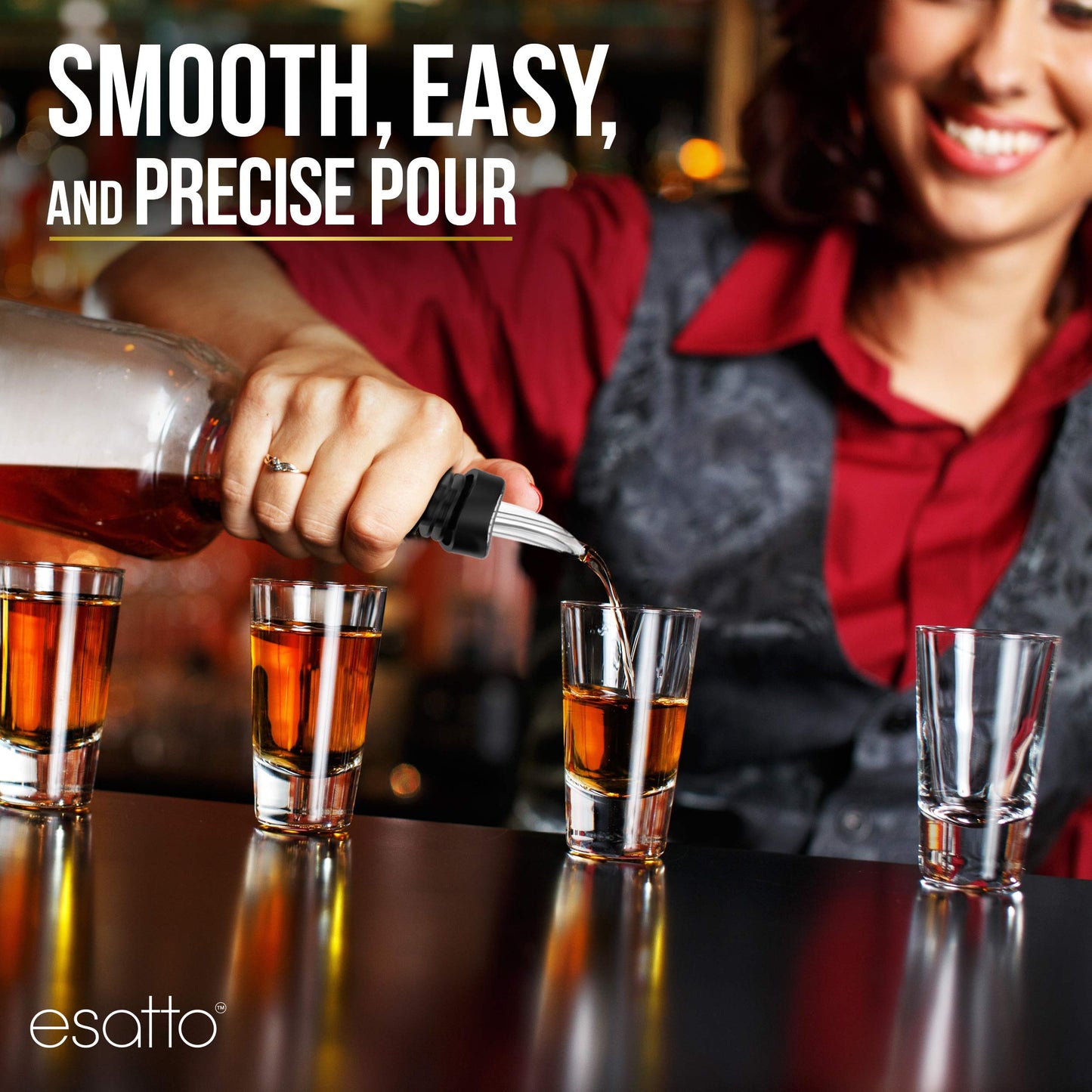 Esatto Bar Equipment Gift Set – 6 Store N Pour Bottles for Storing and Mixing Ingredients, 2 Bar Mats and 2 Shaker Mats for Spill Protection, and 24 Pourers for Precision Pouring with Dust Caps