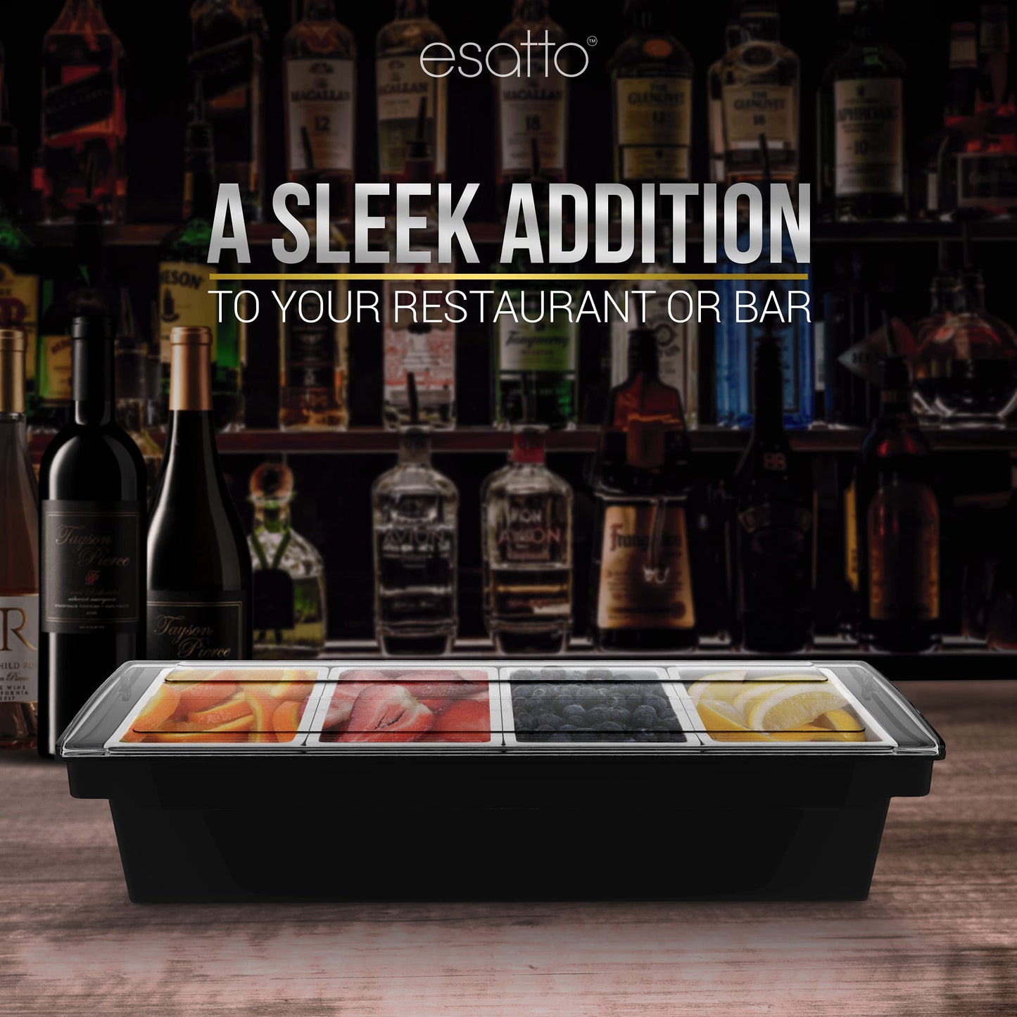 Esatto Bar Products Condiment Holder with Pint Inserts Black, Keeps Fruit and Berries Fresher Longer, Additional 12 Pourers, 12 Pourer Covers, 1 Muddler