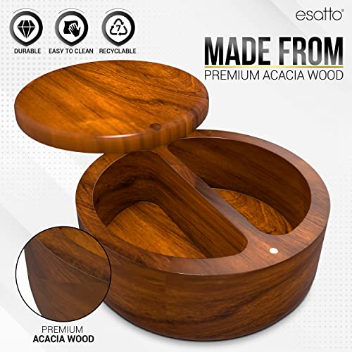 Essato Round Acacia Wooden Salt Box, Magnetic Swivel Lid, Salt pepper or Spice Storage Box, 2 Wine Pourers Included