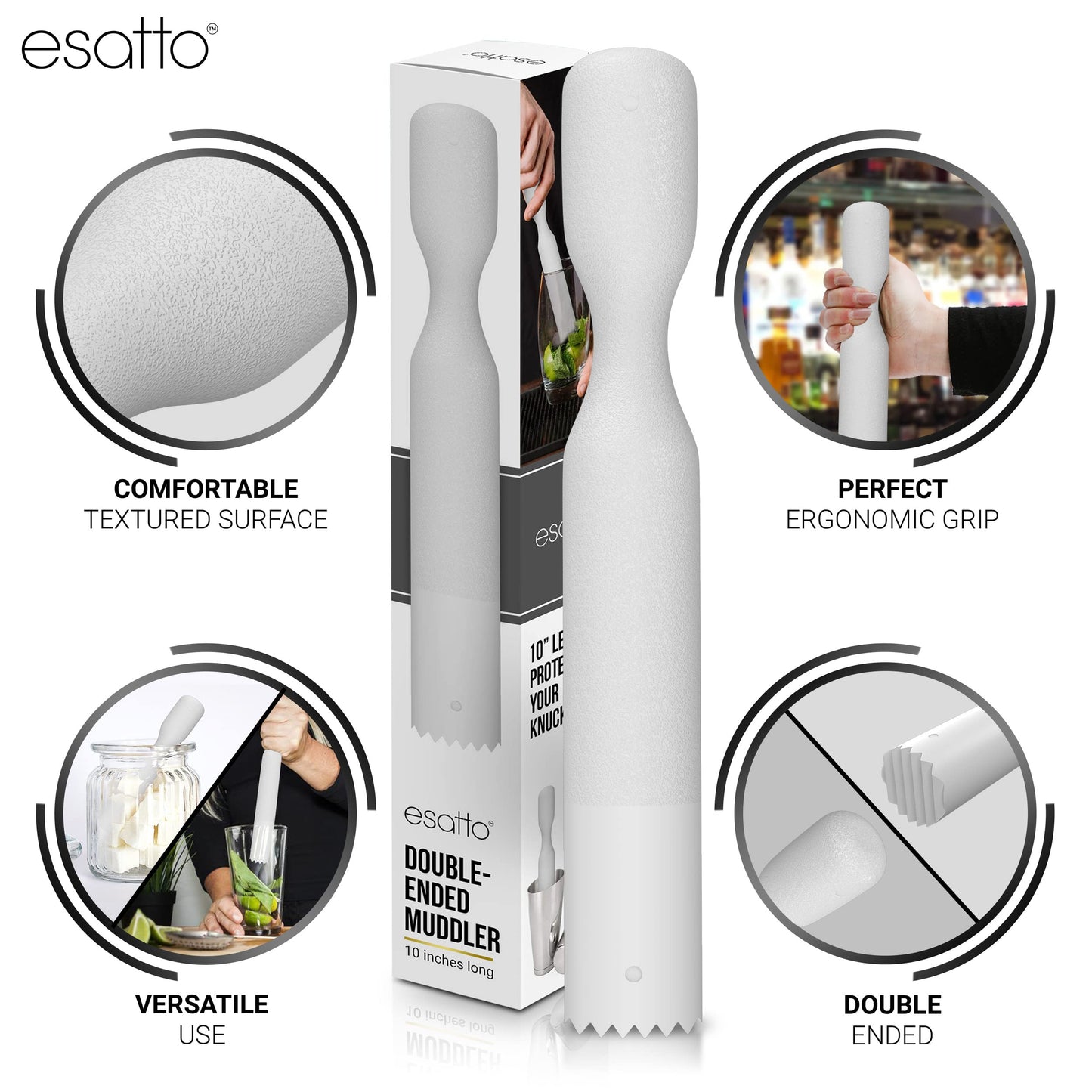 Esatto Muddler 25 CM (10”) Ribbed – ABS, – Durable and Ribbed for Mashing Fruits, Berries, Sugar, Spices, and Herbs (White)