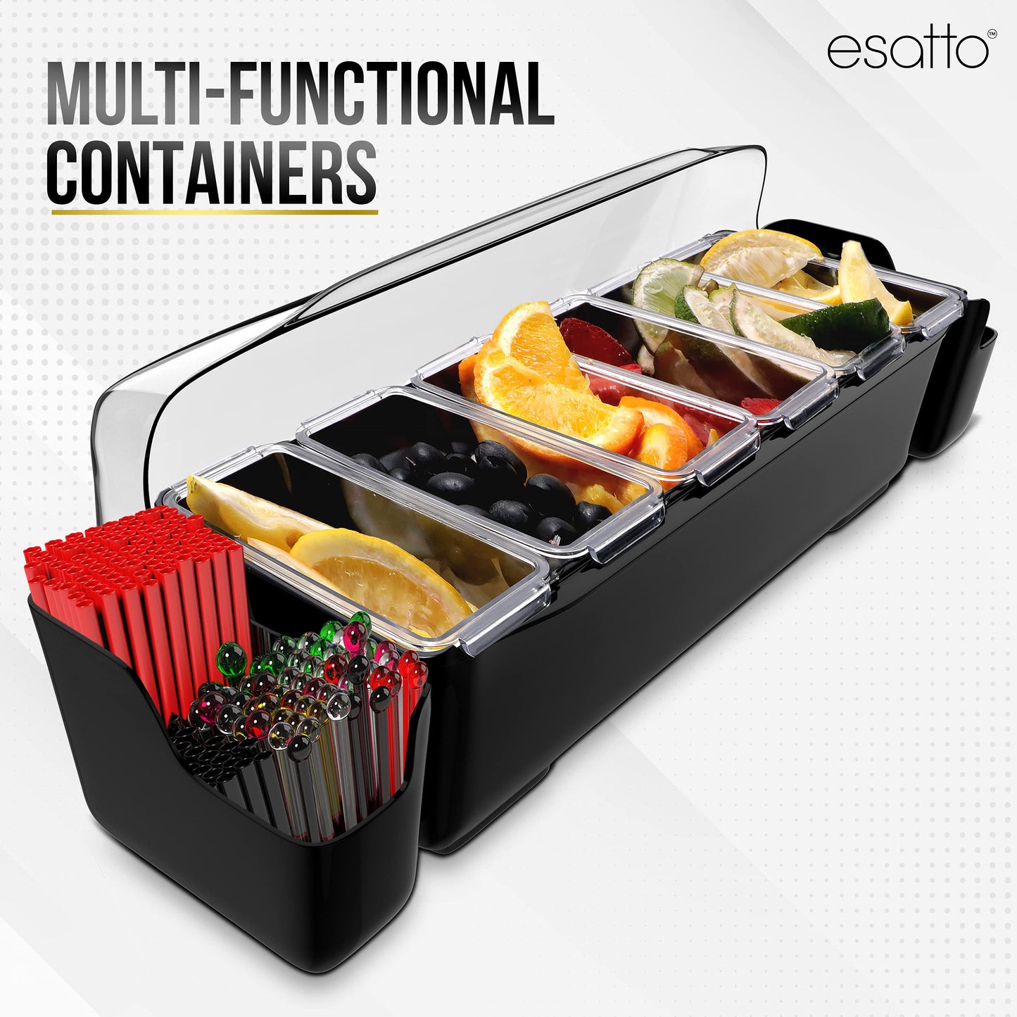 Esatto Bar Products Bar Set with Condiment Holder with 6 Internal Compartments and 2 Detachable External Compartments, 2 Shaker Mats, 1 Muddler, 1 Glass Rimmer and 24 Black Pourers with Covers
