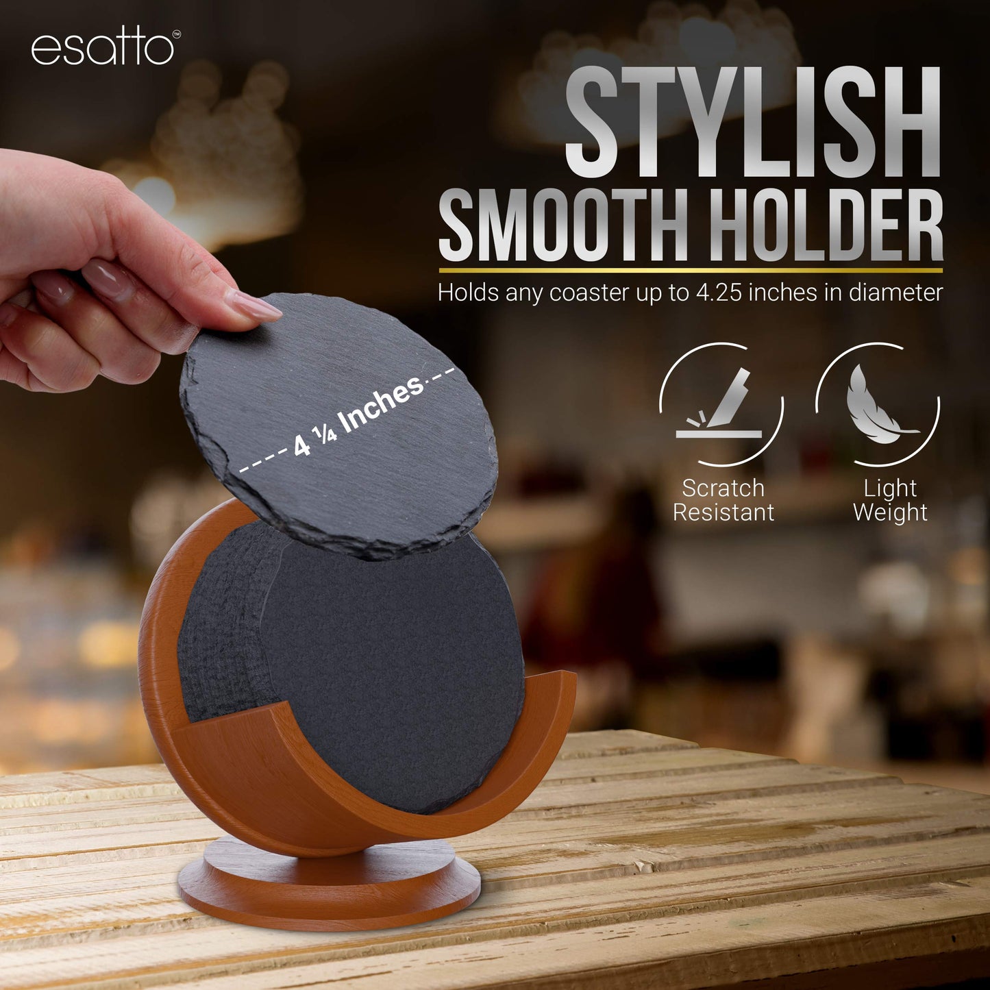 Esatto Round Wooden Rubber Coaster Set with Holder, 4.25 Inches Diameter, Includes 8 Coasters for Drinks