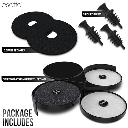 Esatto Glass Salt Rimmer 3 Tier for Margarita Tray and Cocktail, 2 Extra Spongeβs + 3 Pourers β Apply Salt, Sugar, and Lime Juice for Better Drinks and Efficient Drink Preparation