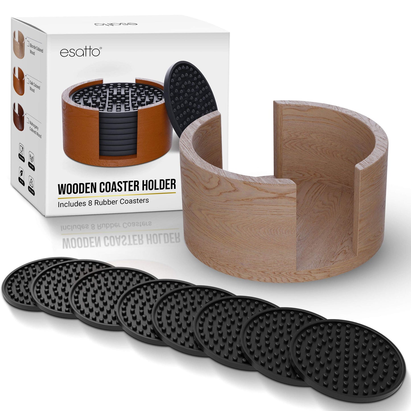Esatto Round Wooden Rubber Coaster Set with Holder, 4.25 Inches Diameter, Includes 8 Coasters for Drinks