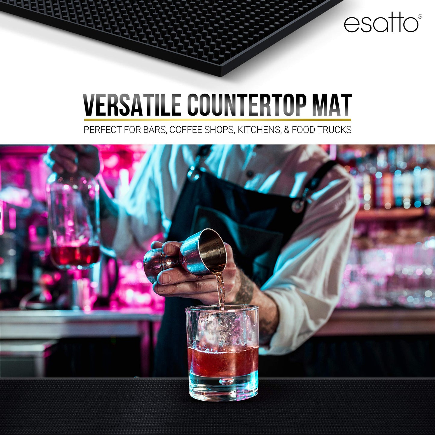 Esatto 12" x 6" Professional Service Mat, Black – Sturdy Thick Durable and Stylish Service Bar Mat for Spills, Coffee, Bars, Restaurants, Counter Top Dish Drying Mat Glass Drying Mat