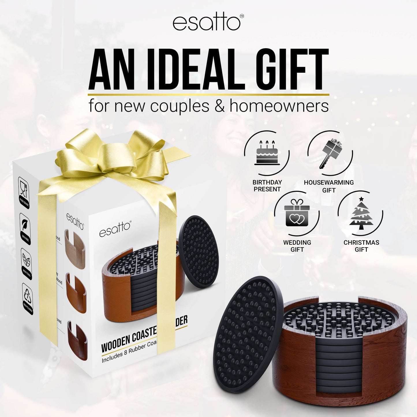 Esatto Round Wooden Rubber Coaster Set with Holder, 4.25 Inches Diameter, Includes 8 Coasters for Drinks