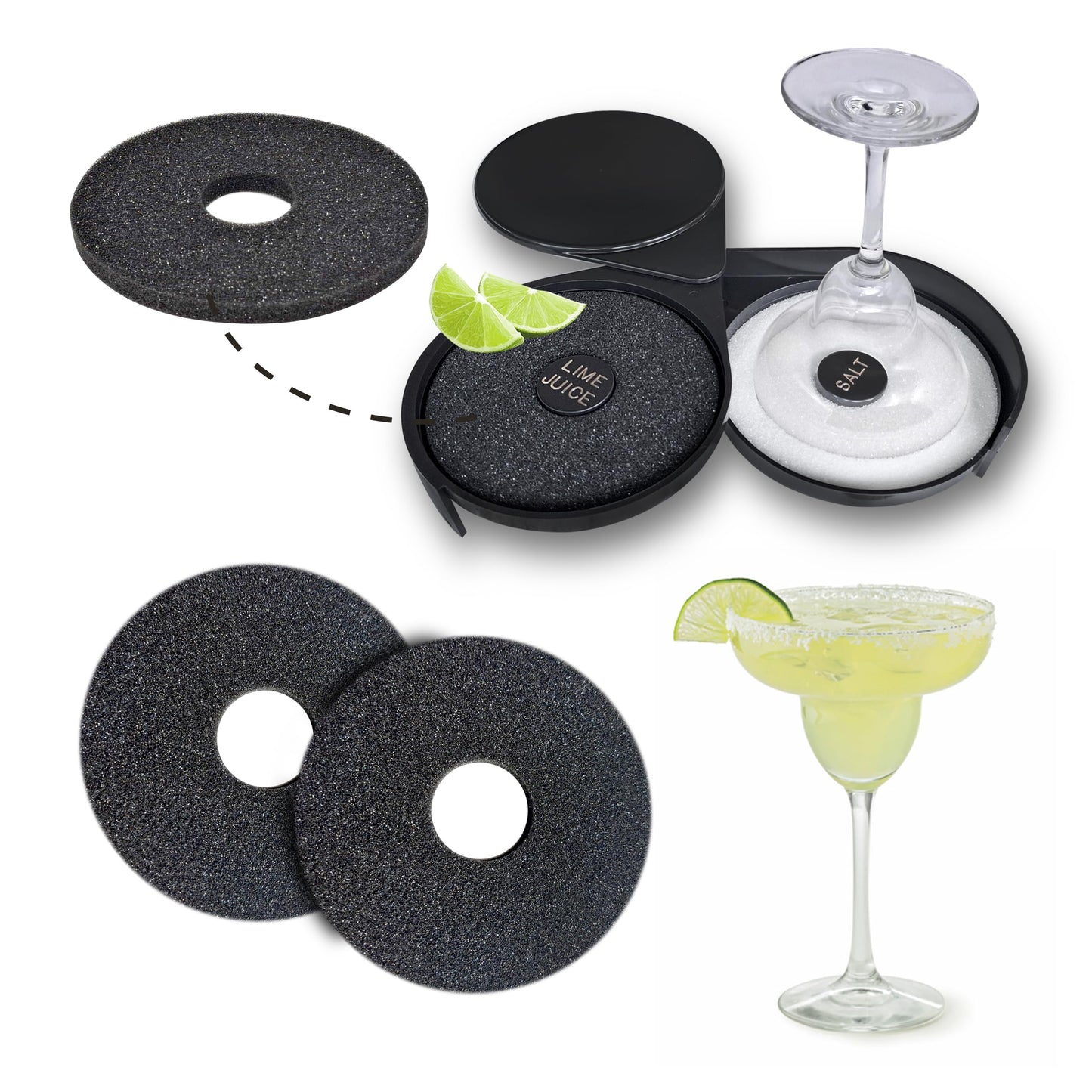 Esatto Glass Salt Rimmer 3 Tier for Margarita Tray and Cocktail, 2 Extra Spongeβs + 3 Pourers β Apply Salt, Sugar, and Lime Juice for Better Drinks and Efficient Drink Preparation