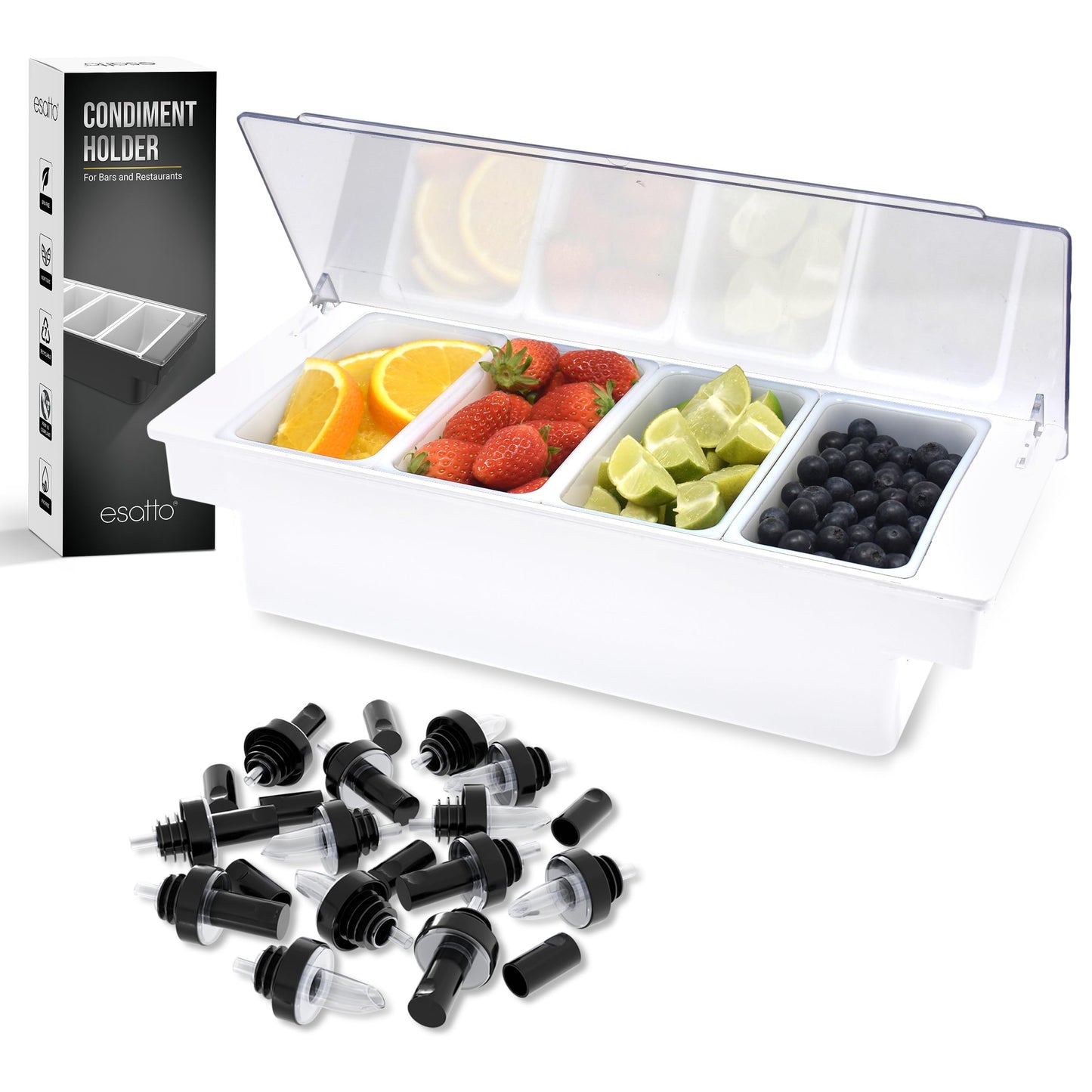 Esatto Bar Products Condiment Holder with Pint Inserts Black, Keeps Fruit and Berries Fresher Longer, Additional 12 Pourers, 12 Pourer Covers, 1 Muddler