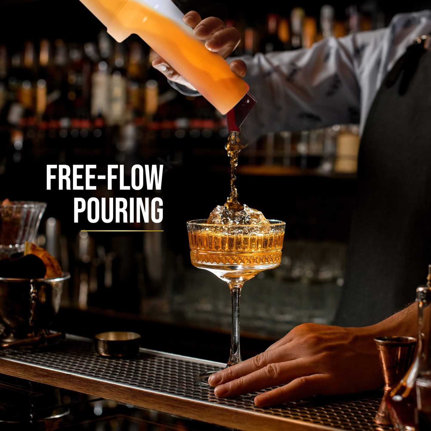Store and Pour Juice Containers 1 Quart β Flow N Stow Fruit Juice Bottles β Easily Mix, Pour, Store - Bar Supplies Liquor and Juice Pouring Bottles - 1 bar mat for countertop - 12 pourers pour spout
