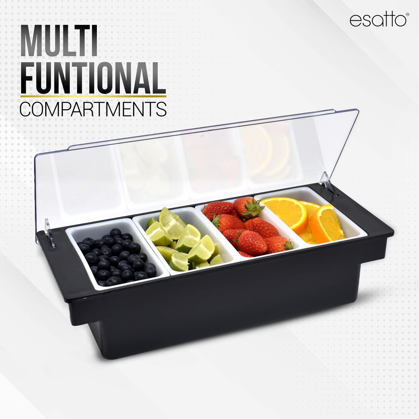 Esatto Bar Products Condiment Holder with Pint Inserts Black, Keeps Fruit and Berries Fresher Longer, Additional 12 Pourers, 12 Pourer Covers, 1 Muddler