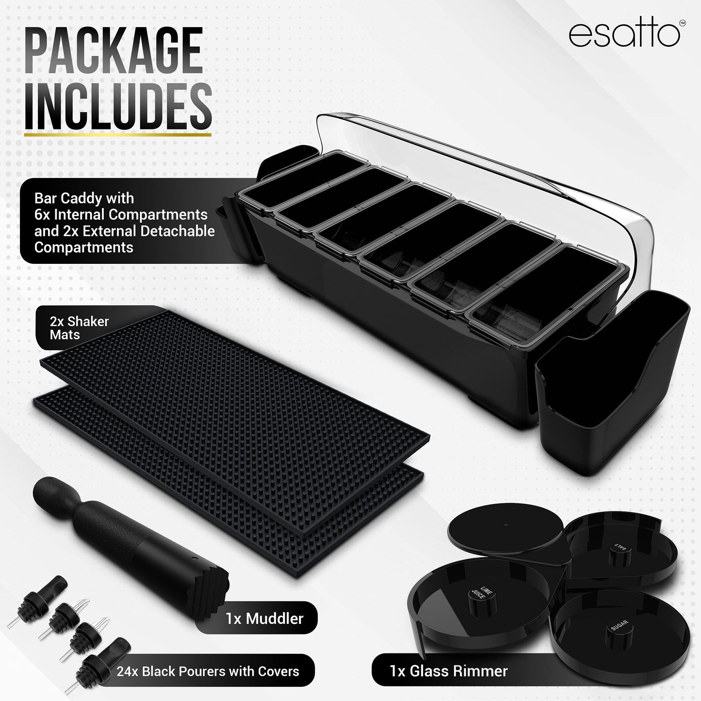 Esatto Bar Products Bar Set with Condiment Holder with 6 Internal Compartments and 2 Detachable External Compartments, 2 Shaker Mats, 1 Muddler, 1 Glass Rimmer and 24 Black Pourers with Covers