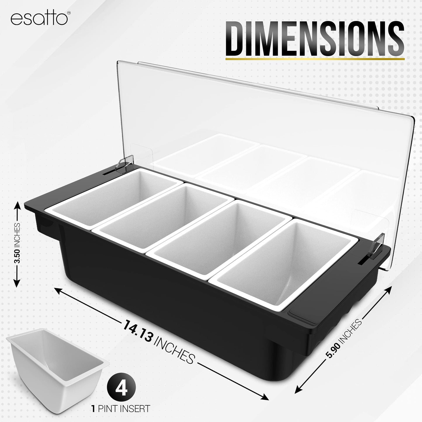 Esatto Bar Products Condiment Holder with Pint Inserts Black, Keeps Fruit and Berries Fresher Longer, Additional 12 Pourers, 12 Pourer Covers, 1 Muddler
