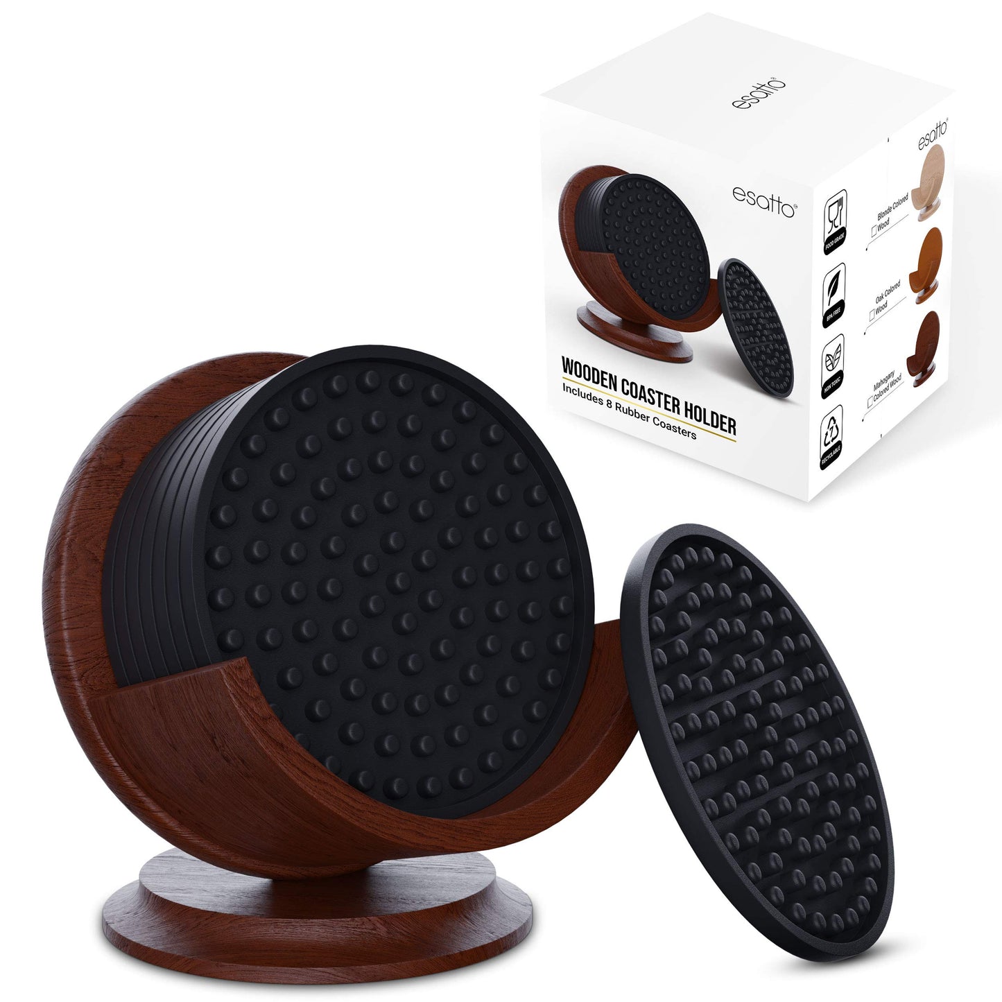 Esatto Round Wooden Rubber Coaster Set with Holder, 4.25 Inches Diameter, Includes 8 Coasters for Drinks