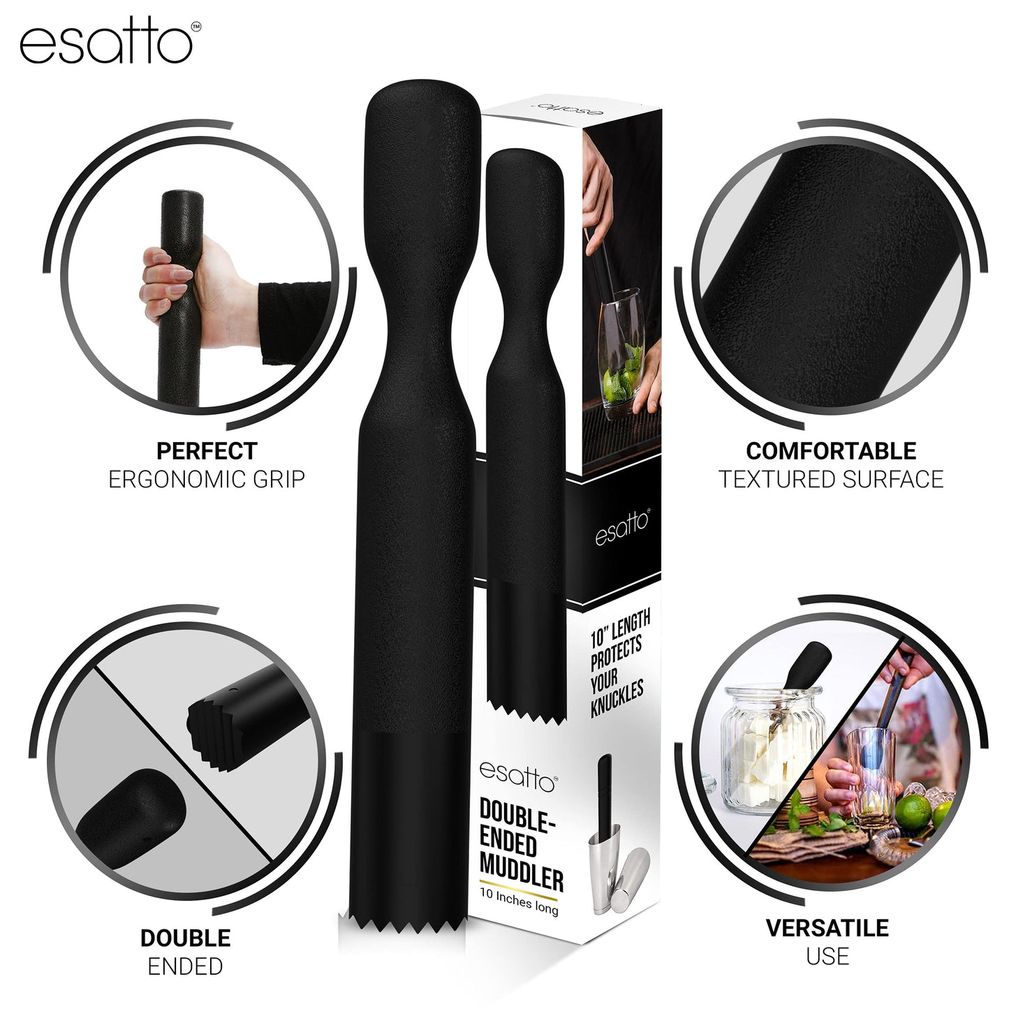 Esatto Muddler 25 CM (10”) Ribbed – ABS, – Durable and Ribbed for Mashing Fruits, Berries, Sugar, Spices, and Herbs (White)