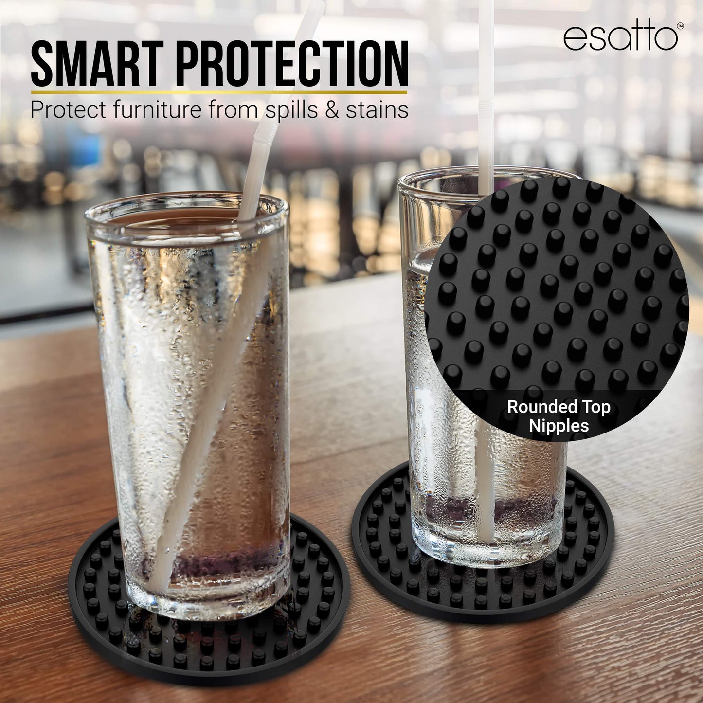 Esatto Round Wooden Rubber Coaster Set with Holder, 4.25 Inches Diameter, Includes 8 Coasters for Drinks
