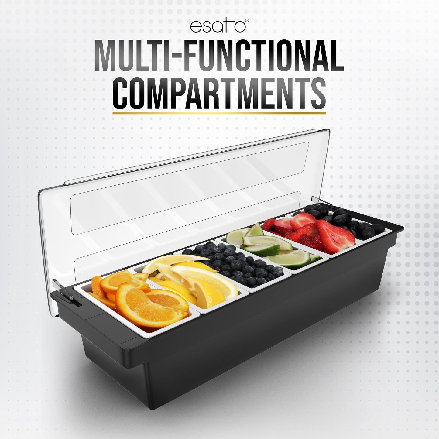 Esatto Bar Products Condiment Holder with Pint Inserts Black, Keeps Fruit and Berries Fresher Longer, Additional 12 Pourers, 12 Pourer Covers, 1 Muddler