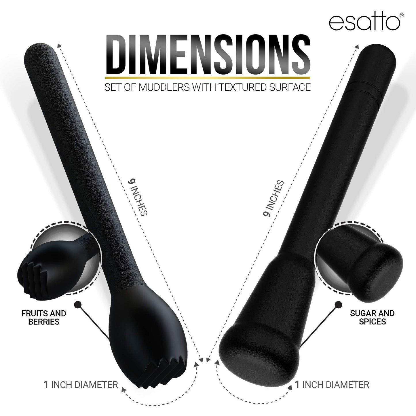 Esatto Muddler 25 CM (10”) Ribbed – ABS, – Durable and Ribbed for Mashing Fruits, Berries, Sugar, Spices, and Herbs (White)