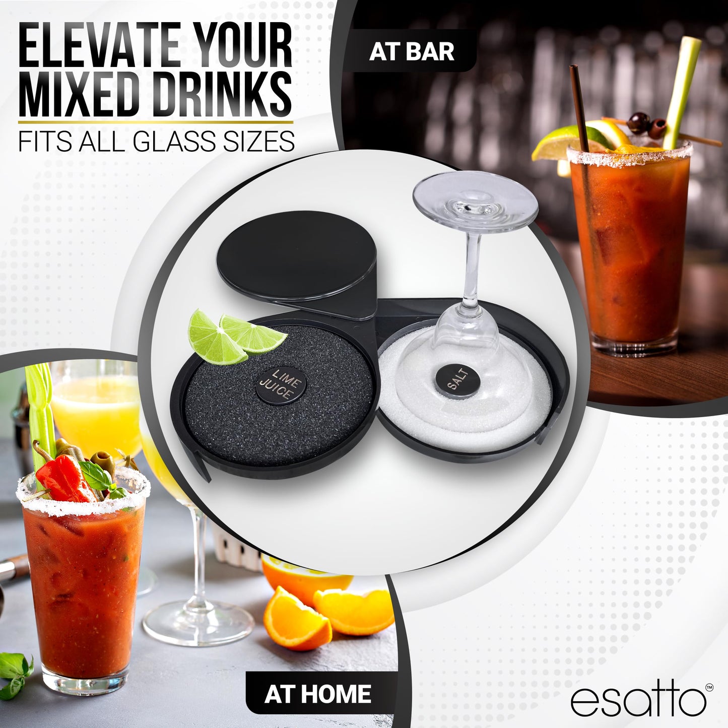 Esatto Glass Salt Rimmer 3 Tier for Margarita Tray and Cocktail, 2 Extra Spongeβs + 3 Pourers β Apply Salt, Sugar, and Lime Juice for Better Drinks and Efficient Drink Preparation
