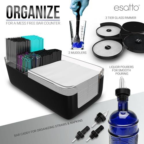 Esatto Home Bar Supply Bar Equipment and Supplies 1 Black Bar Caddy Organizer 1 Glass Salt Margarita Rimmer 2 Muddler for Cocktails Drink Preparation 24 Bottle Pourers Liquor Pourer 24 Pourer Cover