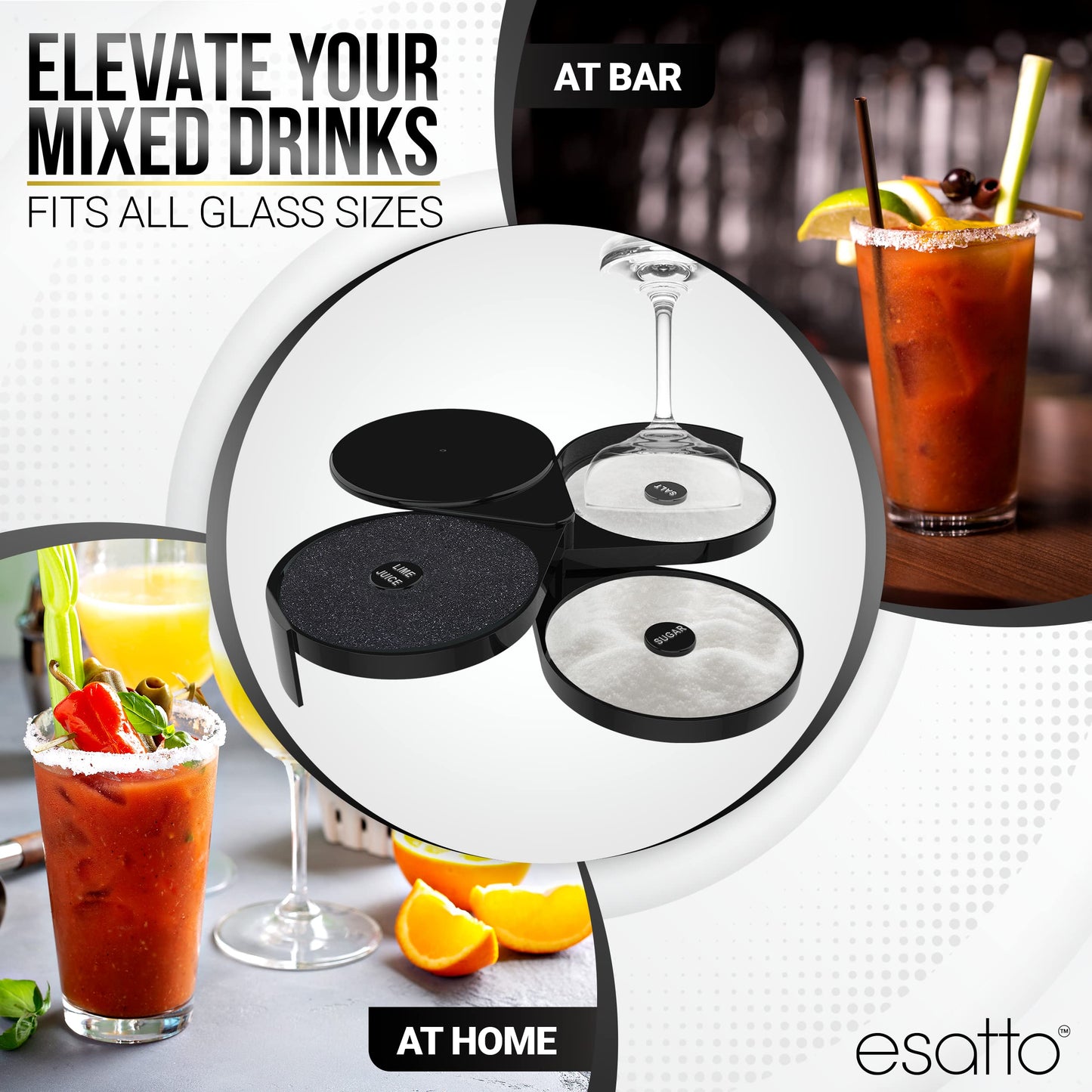Esatto Glass Salt Rimmer 3 Tier for Margarita Tray and Cocktail, 2 Extra Spongeβs + 3 Pourers β Apply Salt, Sugar, and Lime Juice for Better Drinks and Efficient Drink Preparation