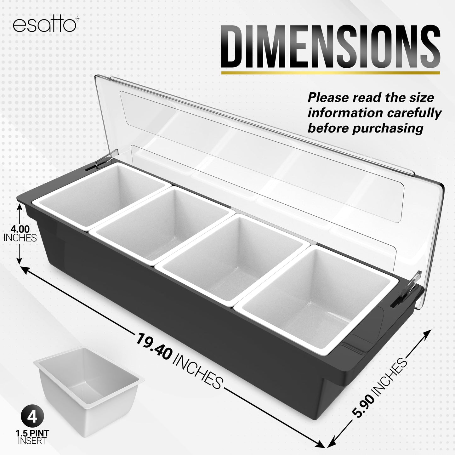 Esatto Bar Products Condiment Holder with Pint Inserts Black, Keeps Fruit and Berries Fresher Longer, Additional 12 Pourers, 12 Pourer Covers, 1 Muddler