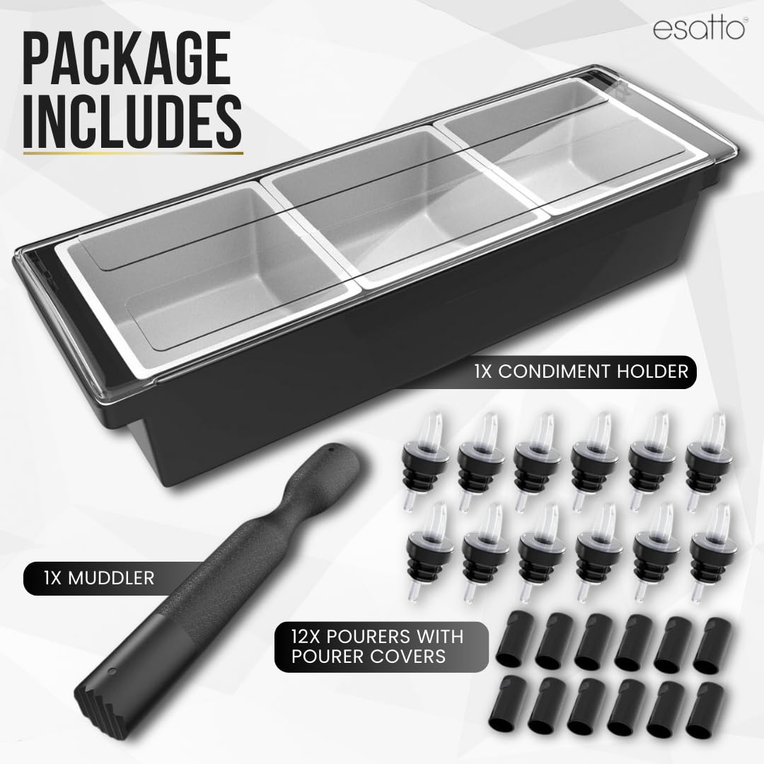 Esatto Bar Products Condiment Holder with Pint Inserts Black, Keeps Fruit and Berries Fresher Longer, Additional 12 Pourers, 12 Pourer Covers, 1 Muddler
