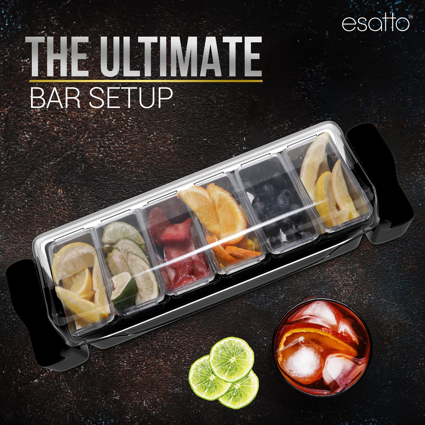 Esatto Bar Products Bar Set with Condiment Holder with 6 Internal Compartments and 2 Detachable External Compartments, 2 Shaker Mats, 1 Muddler, 1 Glass Rimmer and 24 Black Pourers with Covers