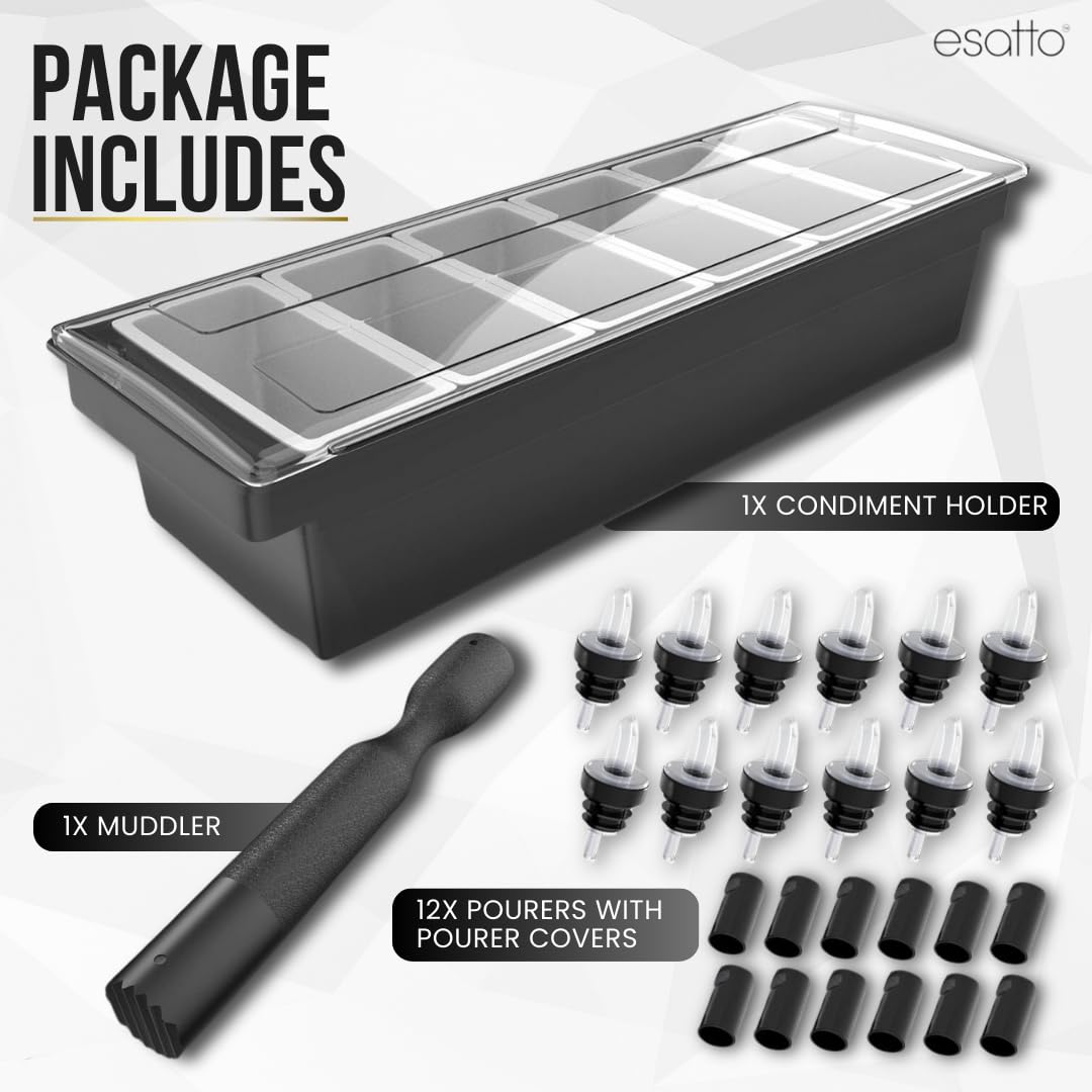 Esatto Bar Products Condiment Holder with Pint Inserts Black, Keeps Fruit and Berries Fresher Longer, Additional 12 Pourers, 12 Pourer Covers, 1 Muddler