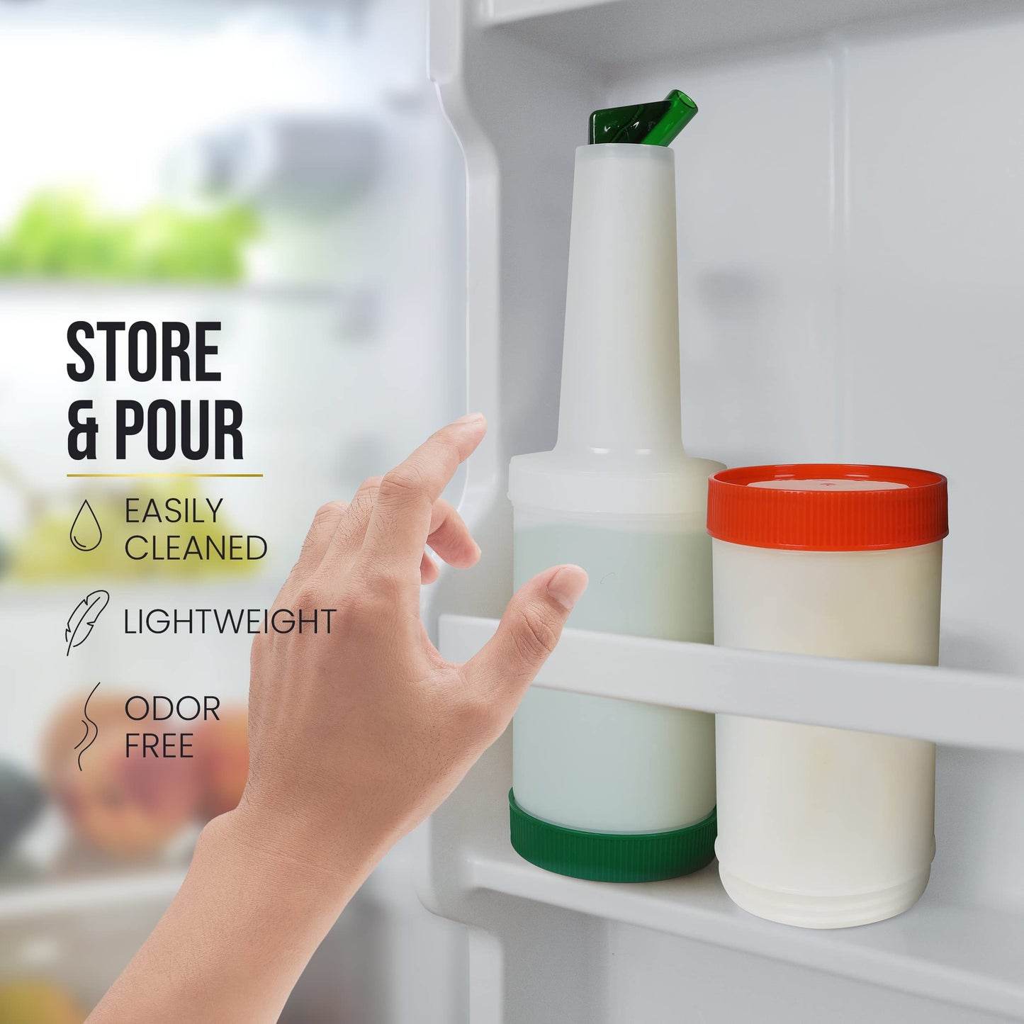 Store and Pour Juice Containers 1 Quart β Flow N Stow Fruit Juice Bottles β Easily Mix, Pour, Store - Bar Supplies Liquor and Juice Pouring Bottles - 1 bar mat for countertop - 12 pourers pour spout