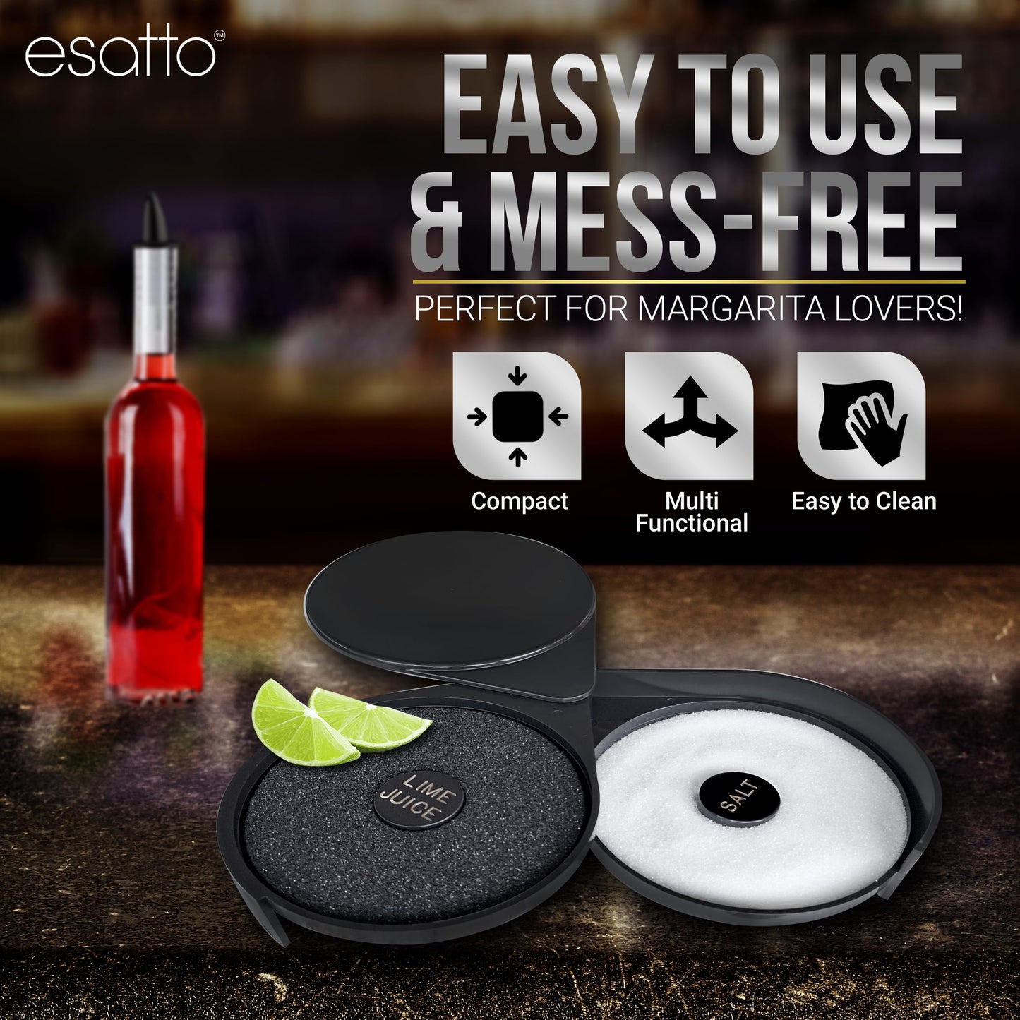 Esatto Glass Salt Rimmer 3 Tier for Margarita Tray and Cocktail, 2 Extra Spongeβs + 3 Pourers β Apply Salt, Sugar, and Lime Juice for Better Drinks and Efficient Drink Preparation