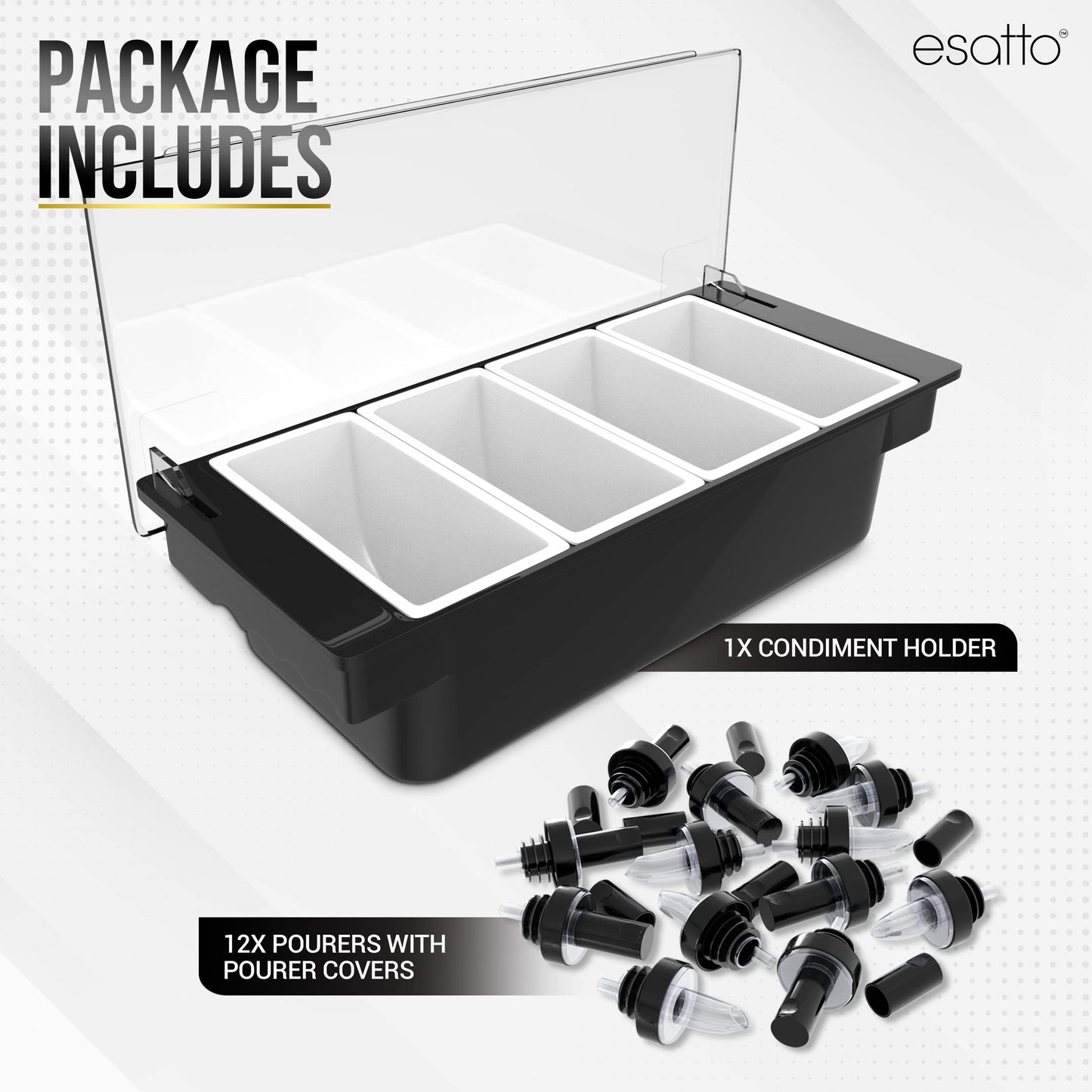 Esatto Bar Products Condiment Holder with Pint Inserts Black, Keeps Fruit and Berries Fresher Longer, Additional 12 Pourers, 12 Pourer Covers, 1 Muddler