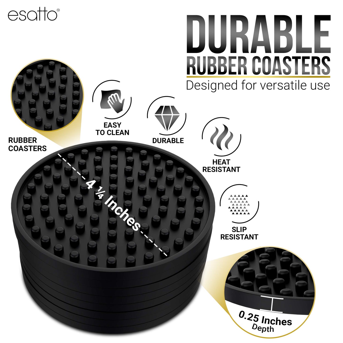 Esatto Round Wooden Rubber Coaster Set with Holder, 4.25 Inches Diameter, Includes 8 Coasters for Drinks
