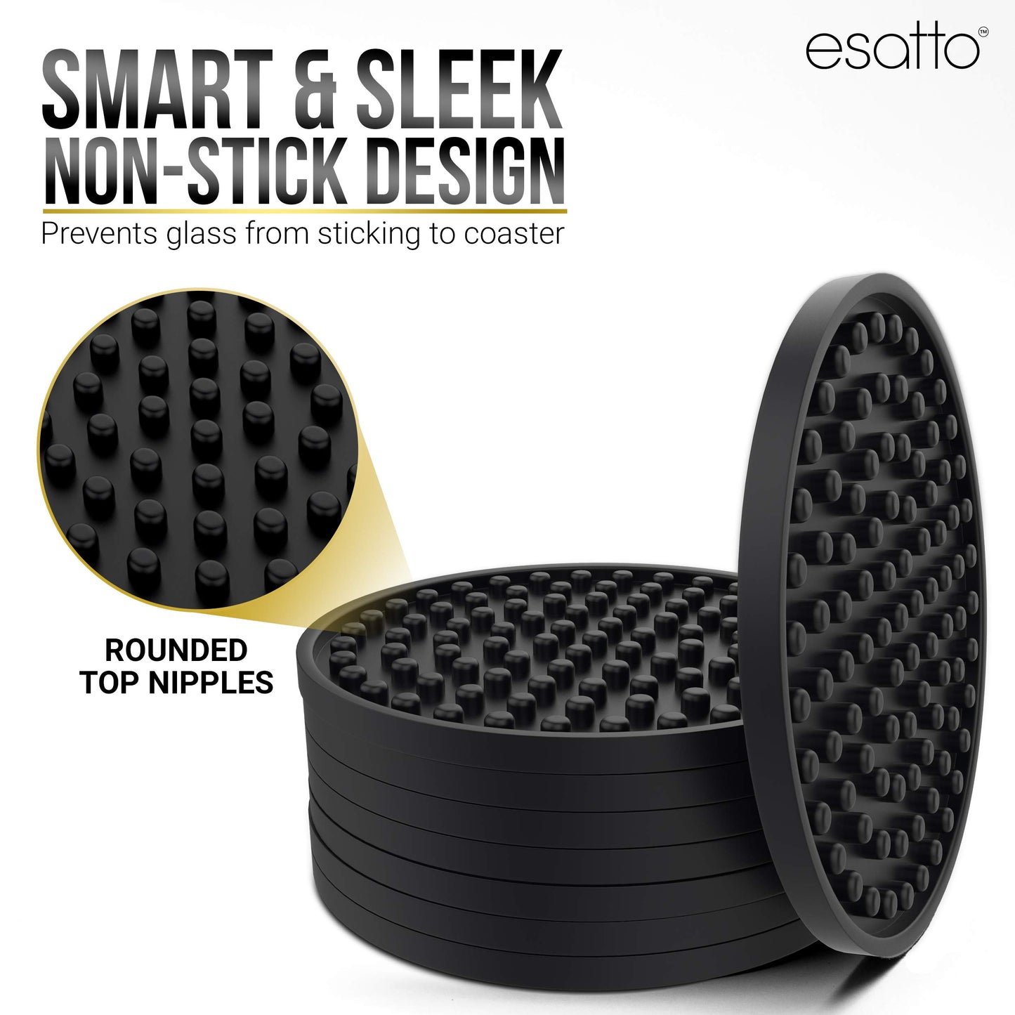 Esatto Round Wooden Rubber Coaster Set with Holder, 4.25 Inches Diameter, Includes 8 Coasters for Drinks