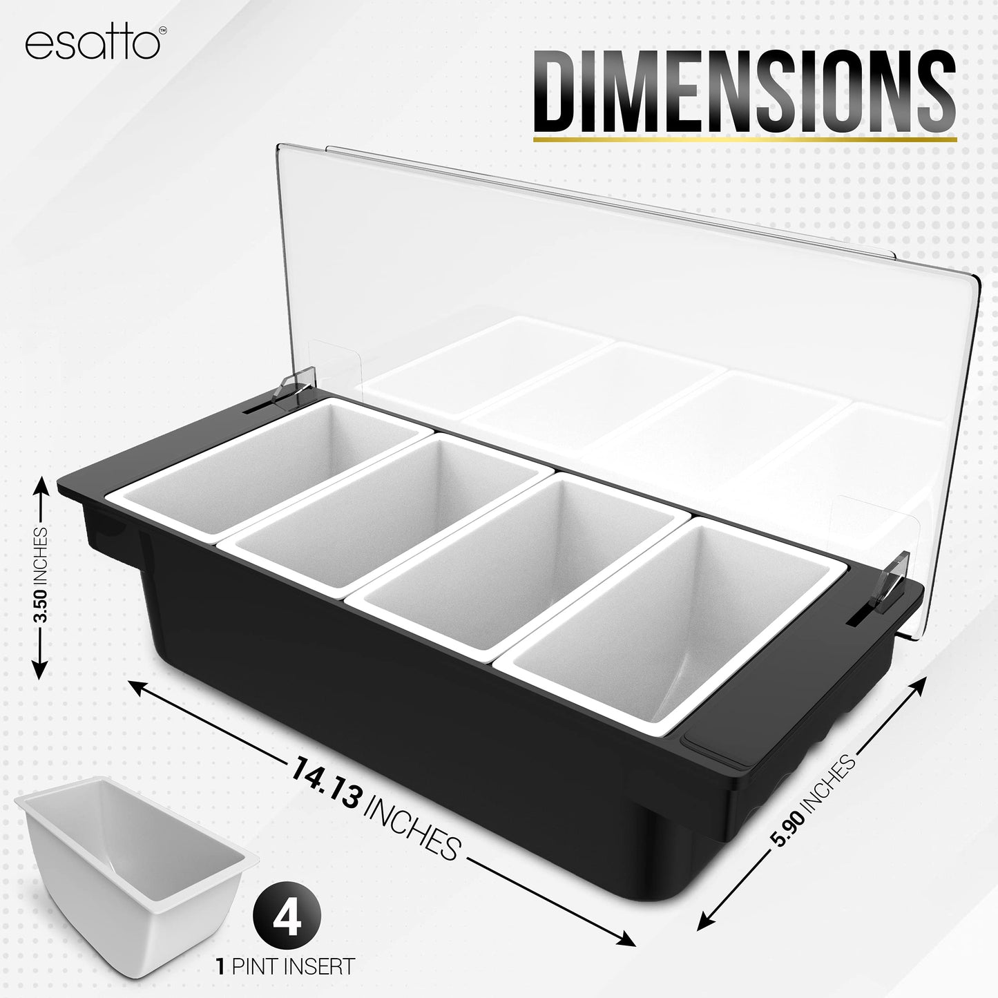 Esatto Bar Products Condiment Holder with Pint Inserts Black, Keeps Fruit and Berries Fresher Longer, Additional 12 Pourers, 12 Pourer Covers, 1 Muddler
